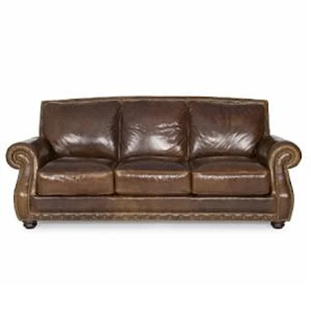 Traditional Leather Sofa with Rolled Arms and Nail Head Trim